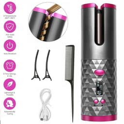 image-Electric LCD Display Automatic Rotating Cordless Hair Curler Fast Curling Iron Tongs Portable USB Rechargeable With Comb Safe USB Cordless Automatic Rotating Hair Curler Hair Waver Curling Iron