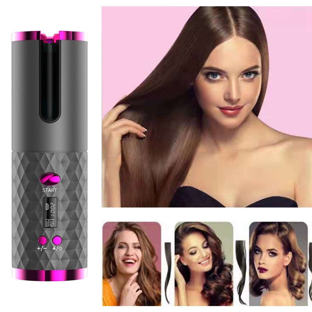 image-Electric LCD Display Automatic Rotating Cordless Hair Curler Fast Curling Iron Tongs Portable USB Rechargeable With Comb Safe USB Cordless Automatic Rotating Hair Curler Hair Waver Curling Iron