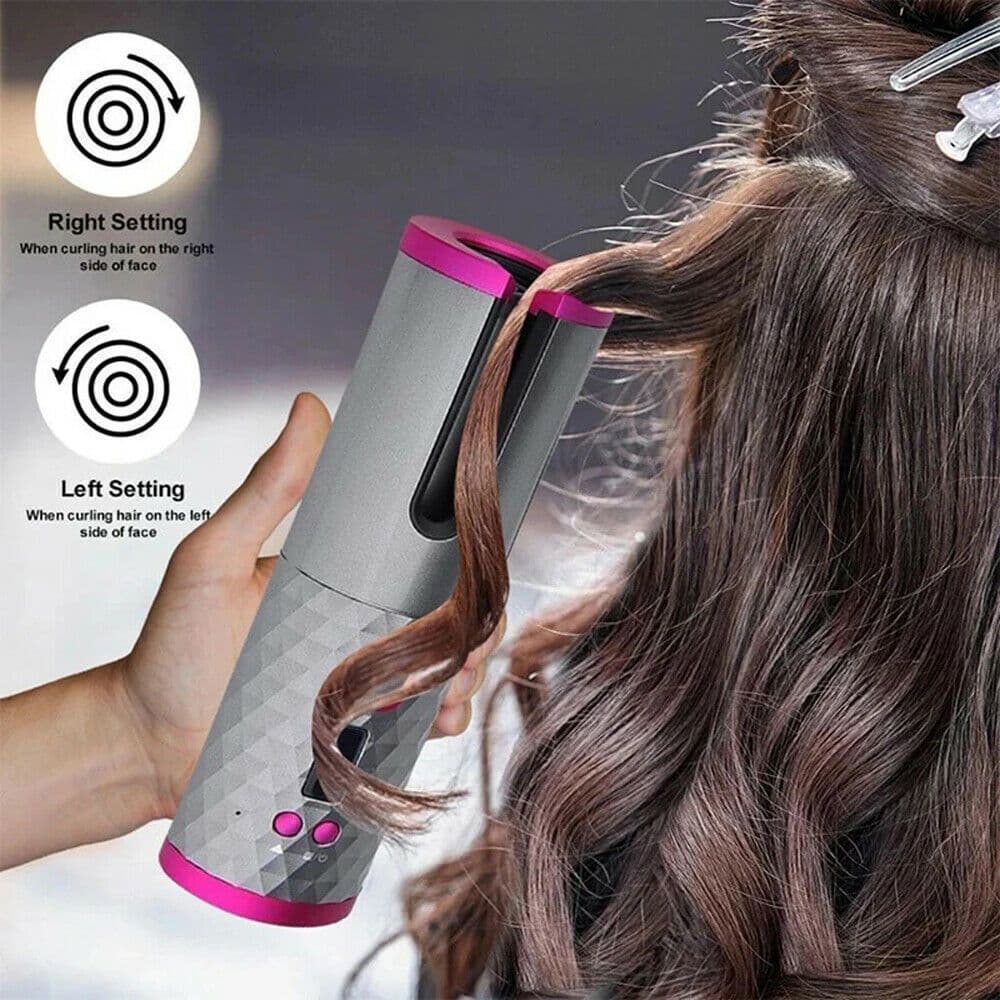 image-Electric LCD Display Automatic Rotating Cordless Hair Curler Fast Curling Iron Tongs Portable USB Rechargeable With Comb Safe USB Cordless Automatic Rotating Hair Curler Hair Waver Curling Iron
