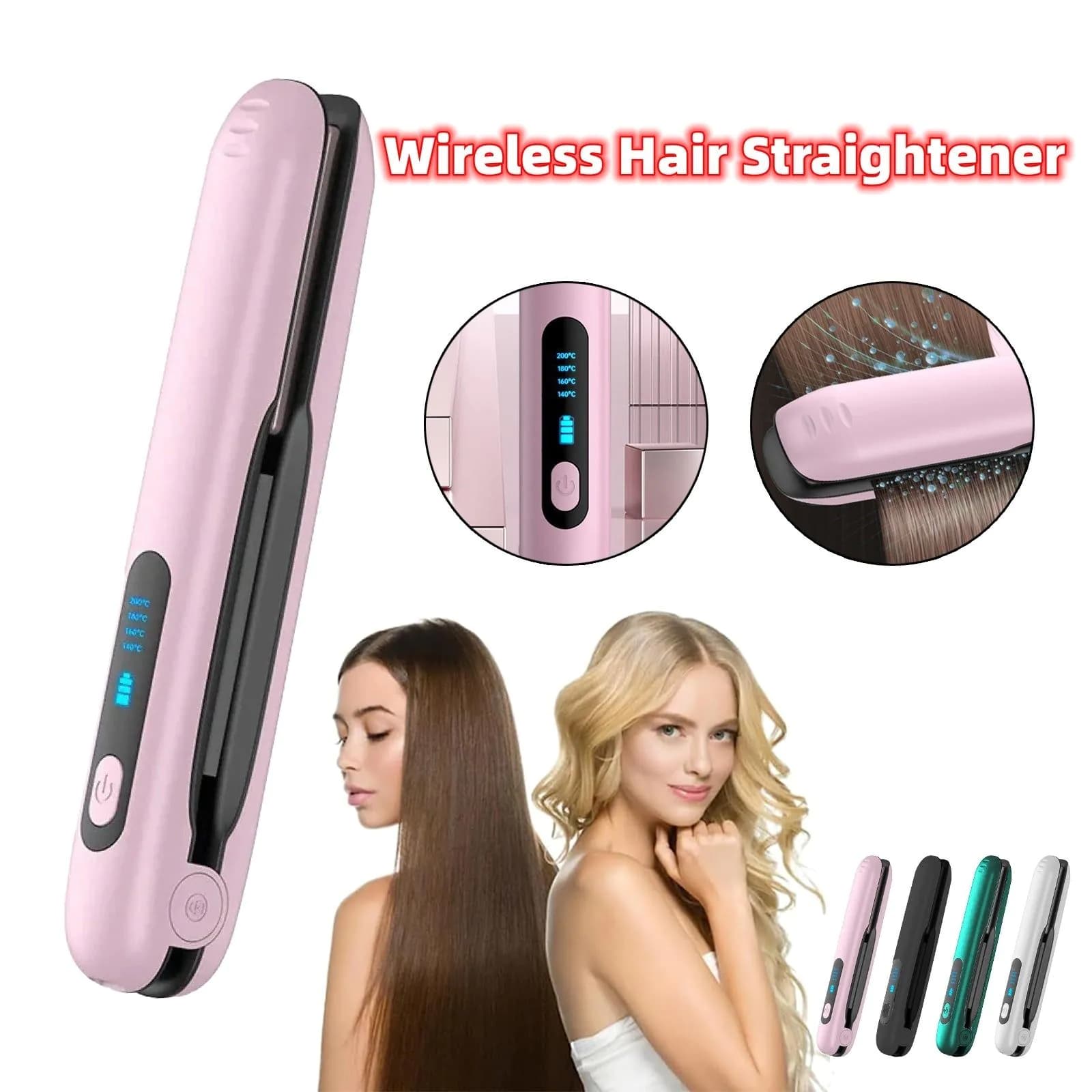 image-Wireless Hair Straightener Flat Iron Mini 2 IN 1 Roller USB 5000mAh Max 200 Degree Portable Cordless Curler 4 Levels Dry And Wet Uses