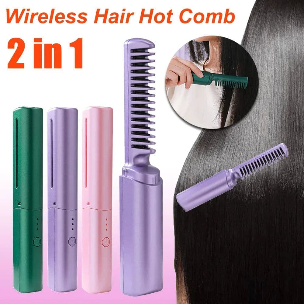 image-Professional Wireless Hair Straightener Curler Comb Fast Heating Negative Ion Straightening Curling Brush Hair Styling Tools