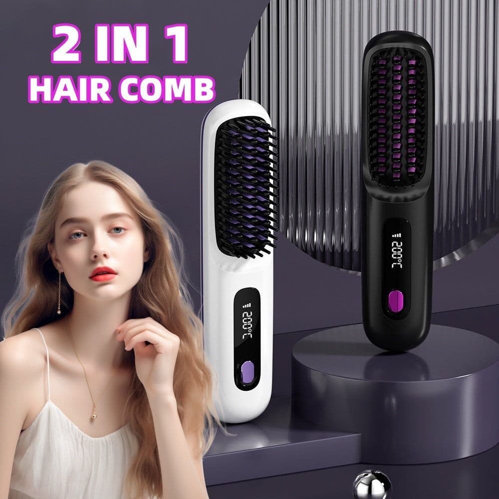 image-2 In 1 Straight Hair Comb Wireless Hair Straightener Brush Hair Fast Heating Portable Hot Curler USB Charging