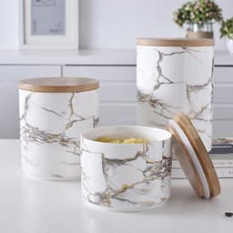 image-Marbled ceramic wooden lid airtight jar