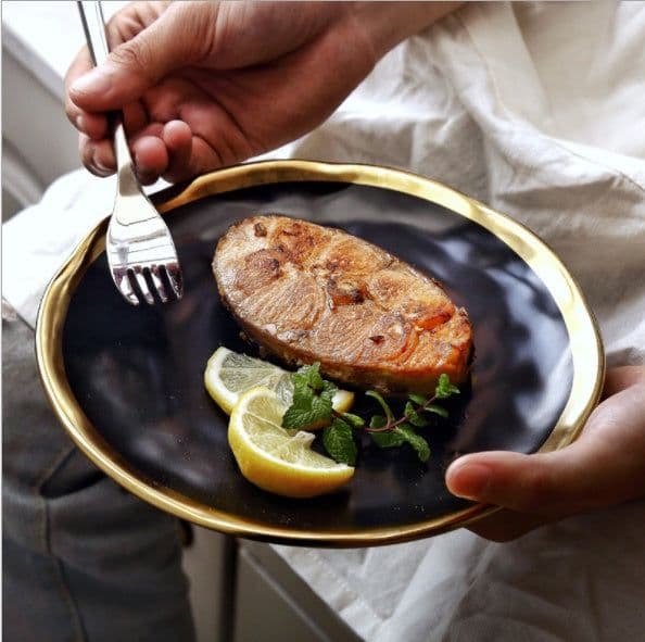 image-European Ceramic Gold Disc Creative Dish Western-style Food Steak Salad Household Tableware Flat Round Fruit