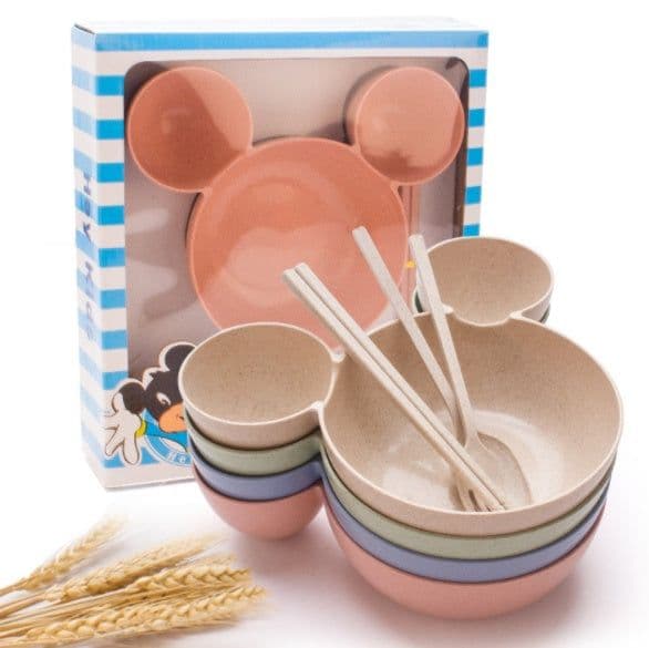 image-Wheat Straw, Children's Bowl, Cartoon, Wheat Chopsticks, Fork Spoon, Fruit Dish, Mickey's Bowl, Lovely Gift Set