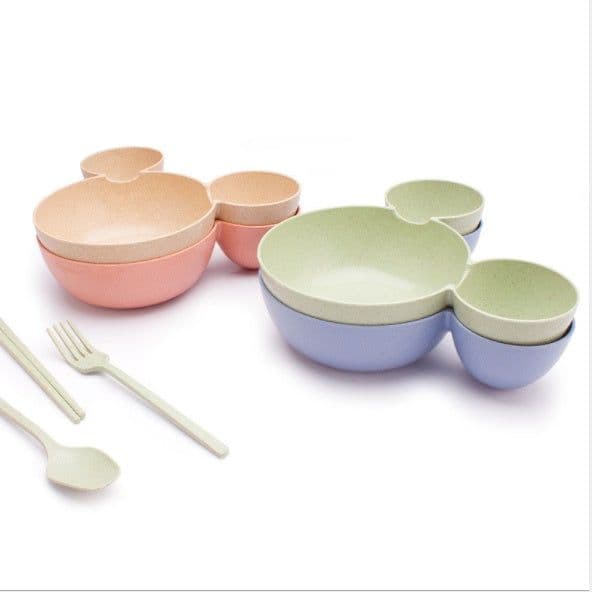 image-Wheat Straw, Children's Bowl, Cartoon, Wheat Chopsticks, Fork Spoon, Fruit Dish, Mickey's Bowl, Lovely Gift Set