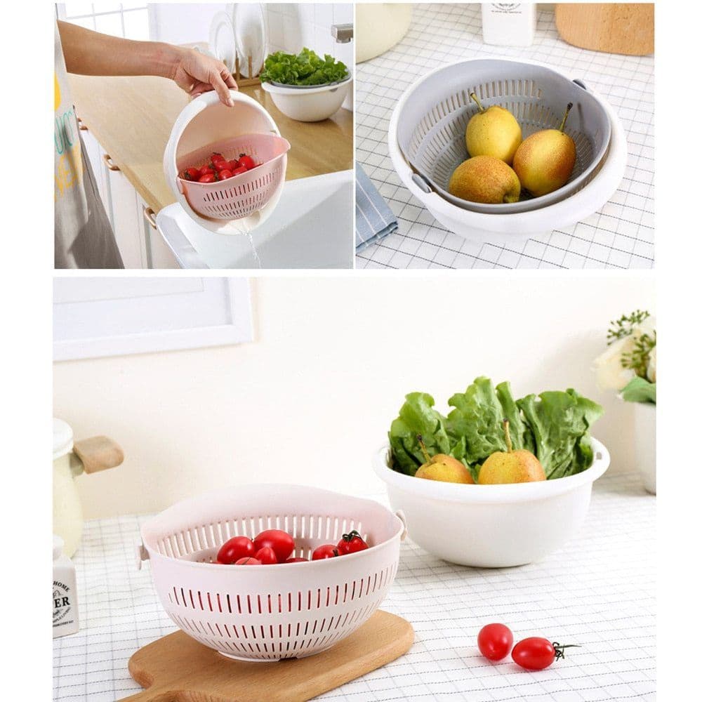 image-Portable detachable double-layer hollow fruit and vegetable cleaning drain basket Washed rice noodles