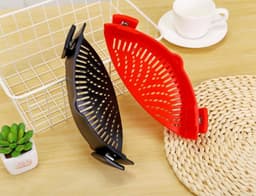 image-Silicone Clip-on Pot Pan Bowl Funnel Oil Strainer Creative Rice Washing Colander for Draining Liquid Fits All Pot Size