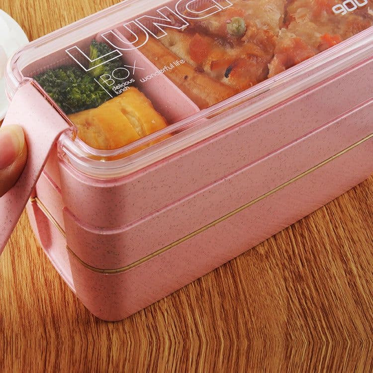 image-Three-layer Wheat Stalk Separated Bento Lunch Box