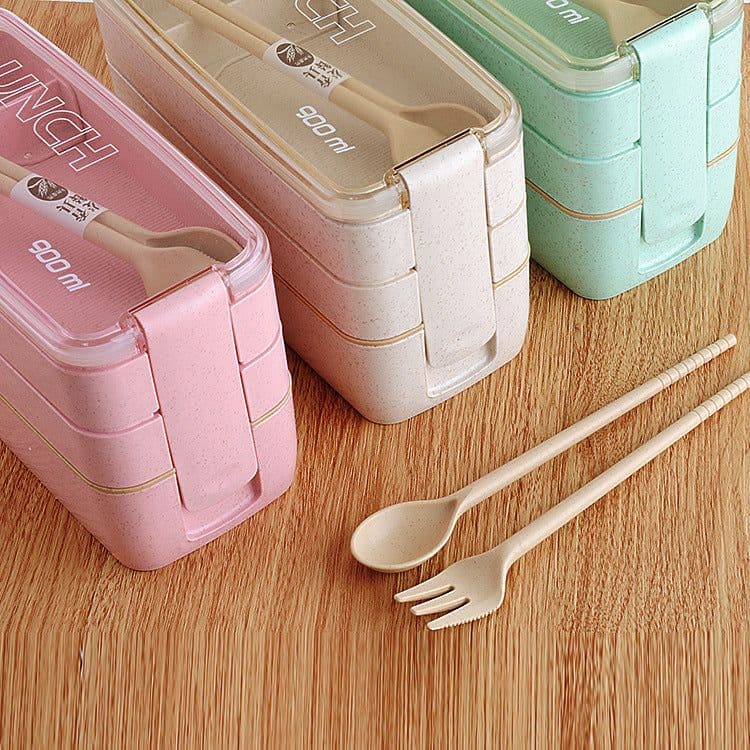 image-Three-layer Wheat Stalk Separated Bento Lunch Box