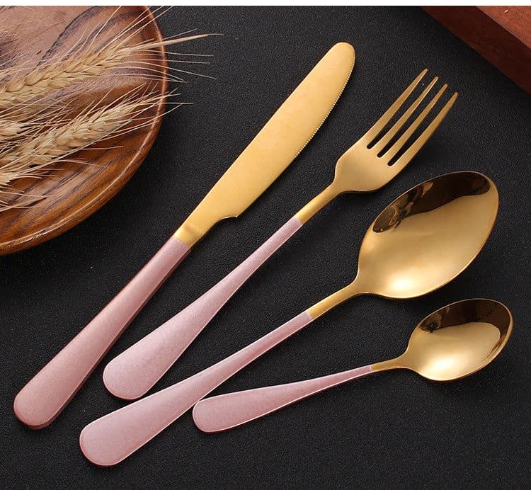 image-Stainless steel gold plated colorful knife and fork spoon set of four