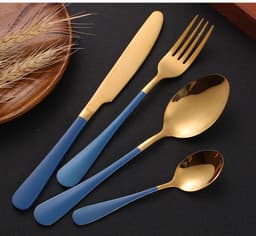 image-Stainless steel gold plated colorful knife and fork spoon set of four