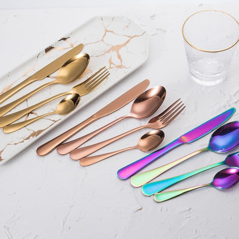 image-Stainless steel gold plated colorful knife and fork spoon set of four