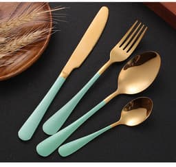 image-Stainless steel gold plated colorful knife and fork spoon set of four