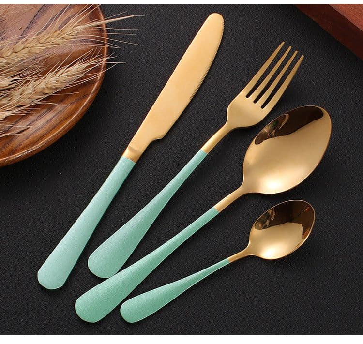 image-Stainless steel gold plated colorful knife and fork spoon set of four