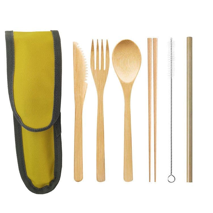 image-Portable Travel Bamboo Cutlery Cutlery Stainless Steel Straw Chopsticks Cutlery Set