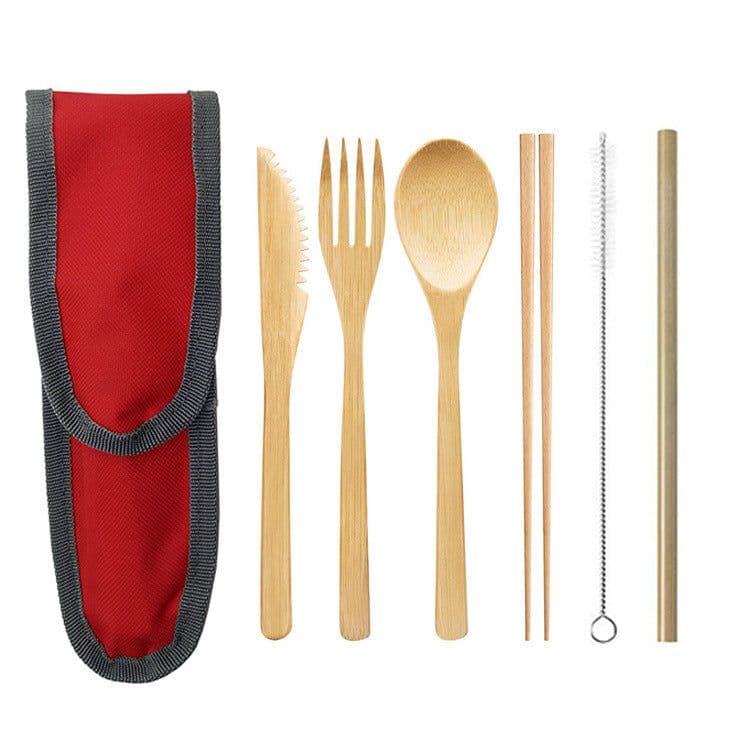 image-Portable Travel Bamboo Cutlery Cutlery Stainless Steel Straw Chopsticks Cutlery Set