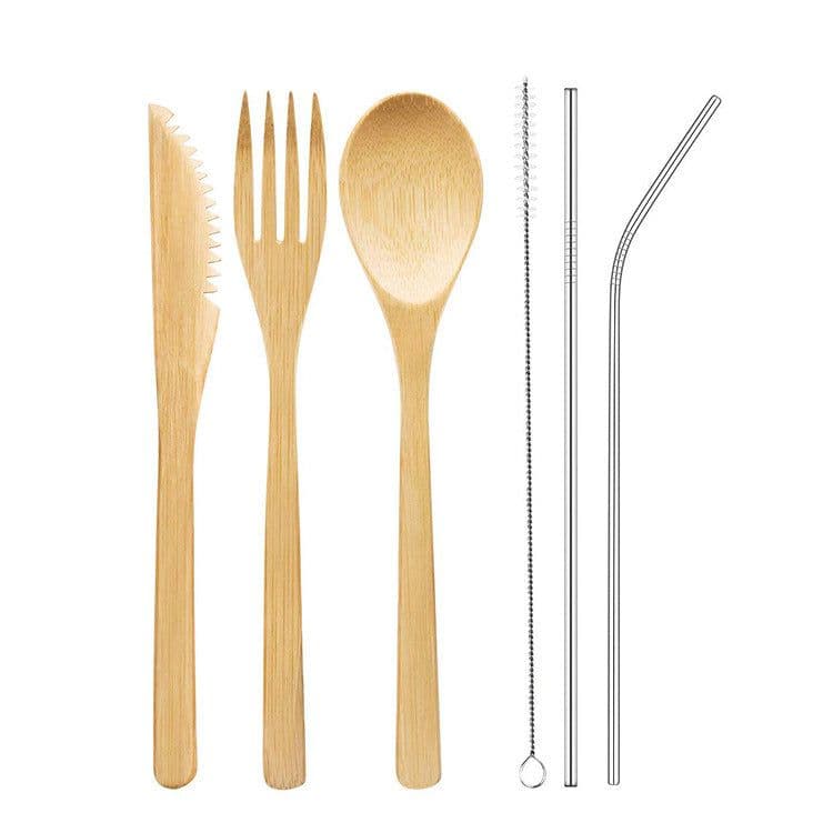 image-Portable Travel Bamboo Cutlery Cutlery Stainless Steel Straw Chopsticks Cutlery Set