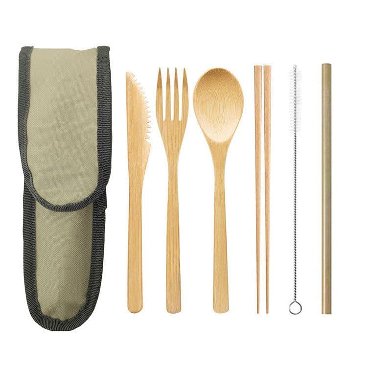 image-Portable Travel Bamboo Cutlery Cutlery Stainless Steel Straw Chopsticks Cutlery Set