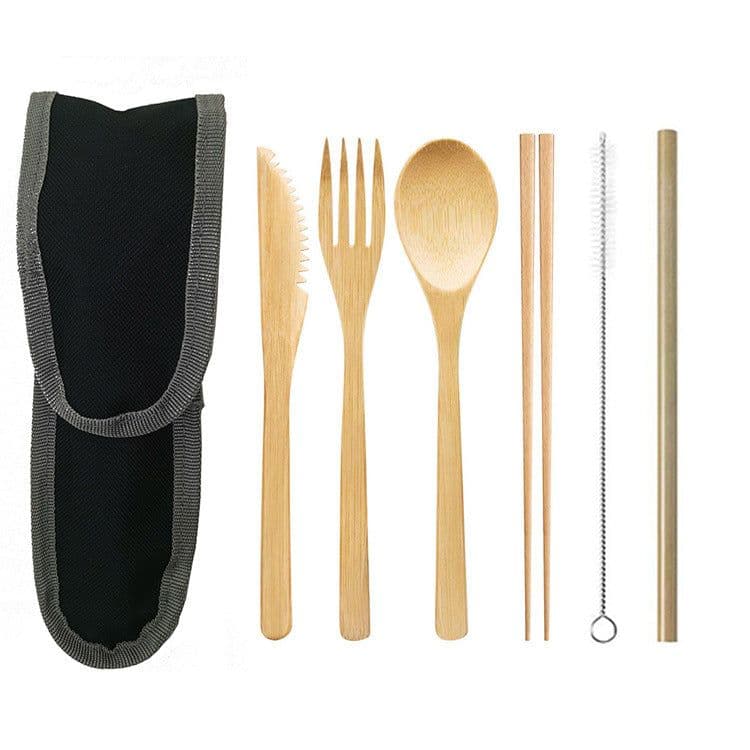 image-Portable Travel Bamboo Cutlery Cutlery Stainless Steel Straw Chopsticks Cutlery Set