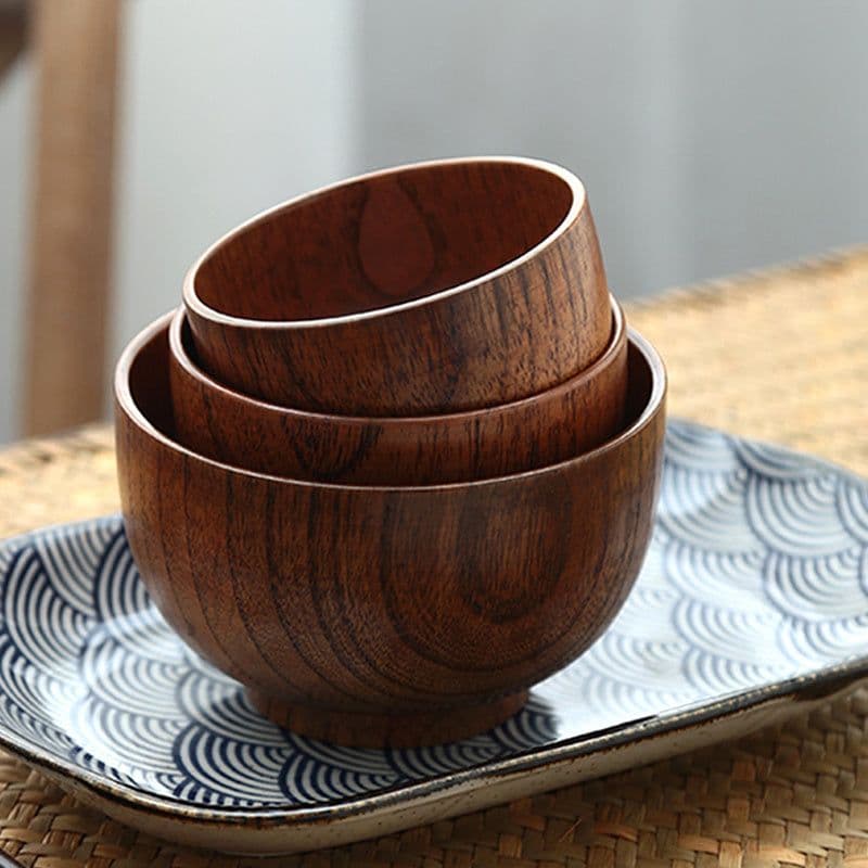 image-Wooden Bowl Japanese Style Wood Rice Soup Bowl Salad Bowl Food Container Large Small Bowl for Kids Tableware Wooden Utensils