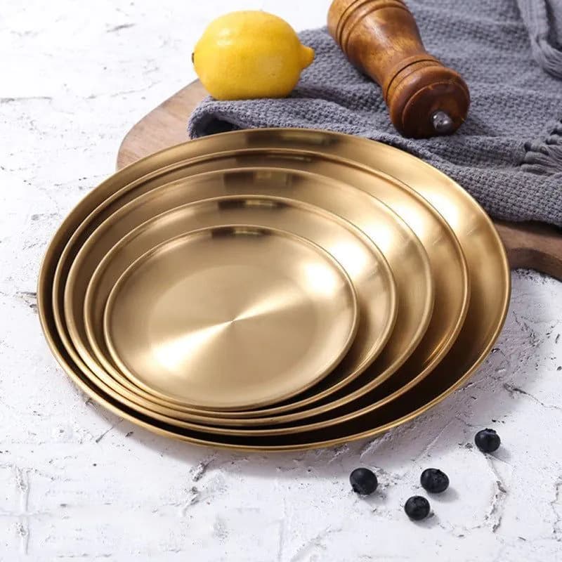 image-Retro Metal Round Tray Stainless Steel Snack Fruit Tray Jewelry Storage Tray European Style Dinner Plates