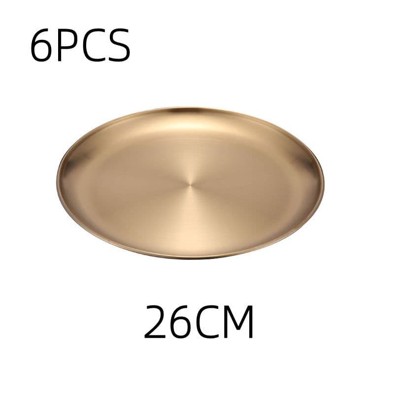 image-Retro Metal Round Tray Stainless Steel Snack Fruit Tray Jewelry Storage Tray European Style Dinner Plates