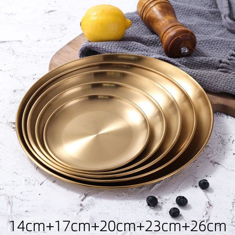 image-Retro Metal Round Tray Stainless Steel Snack Fruit Tray Jewelry Storage Tray European Style Dinner Plates
