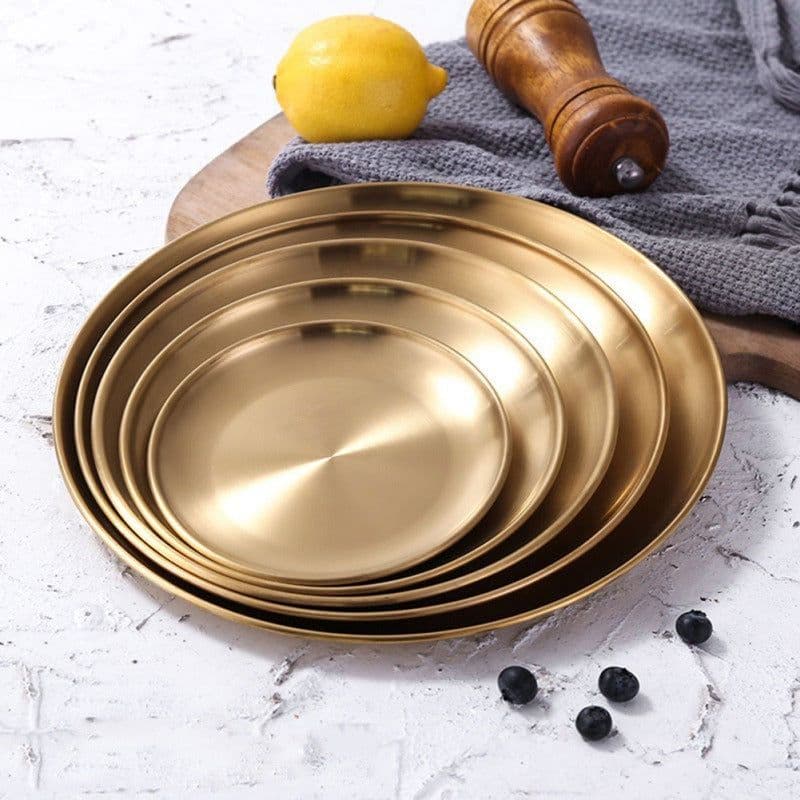 image-Retro Metal Round Tray Stainless Steel Snack Fruit Tray Jewelry Storage Tray European Style Dinner Plates