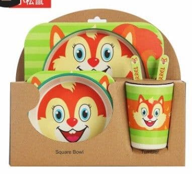image-5PCS Children Tableware Set-Five-piece Natural Bamboo Fiber Bowl With Cup Spoon Plate Fork Baby Dishes Plate Gift Tableware