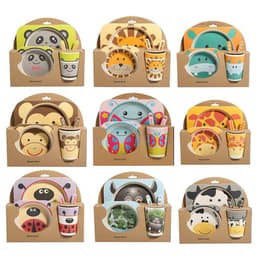 image-5PCS Children Tableware Set-Five-piece Natural Bamboo Fiber Bowl With Cup Spoon Plate Fork Baby Dishes Plate Gift Tableware