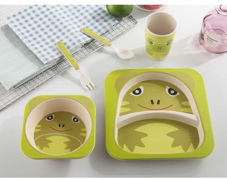 image-5PCS Children Tableware Set-Five-piece Natural Bamboo Fiber Bowl With Cup Spoon Plate Fork Baby Dishes Plate Gift Tableware
