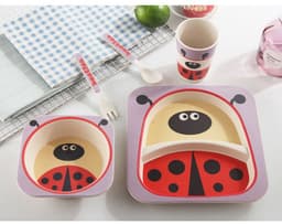 image-5PCS Children Tableware Set-Five-piece Natural Bamboo Fiber Bowl With Cup Spoon Plate Fork Baby Dishes Plate Gift Tableware