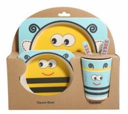 image-5PCS Children Tableware Set-Five-piece Natural Bamboo Fiber Bowl With Cup Spoon Plate Fork Baby Dishes Plate Gift Tableware