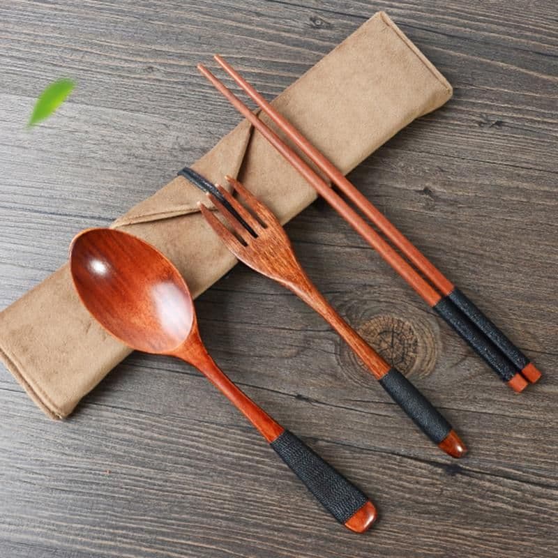 image-4PCS Japanese Wooden Spoon Chopsticks Tableware Set