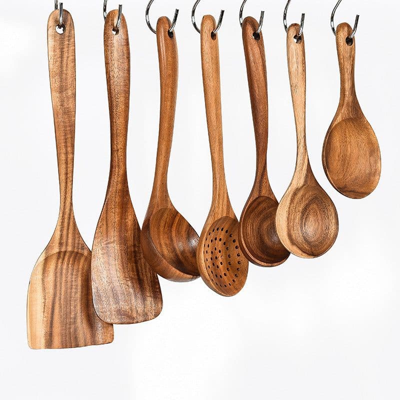 image-Teak Natural Wood Tableware Spoon Ladle Turner Rice Colander Soup Skimmer Cooking Tool Sets Spoon Scoop Kitchen Tools Gadgets