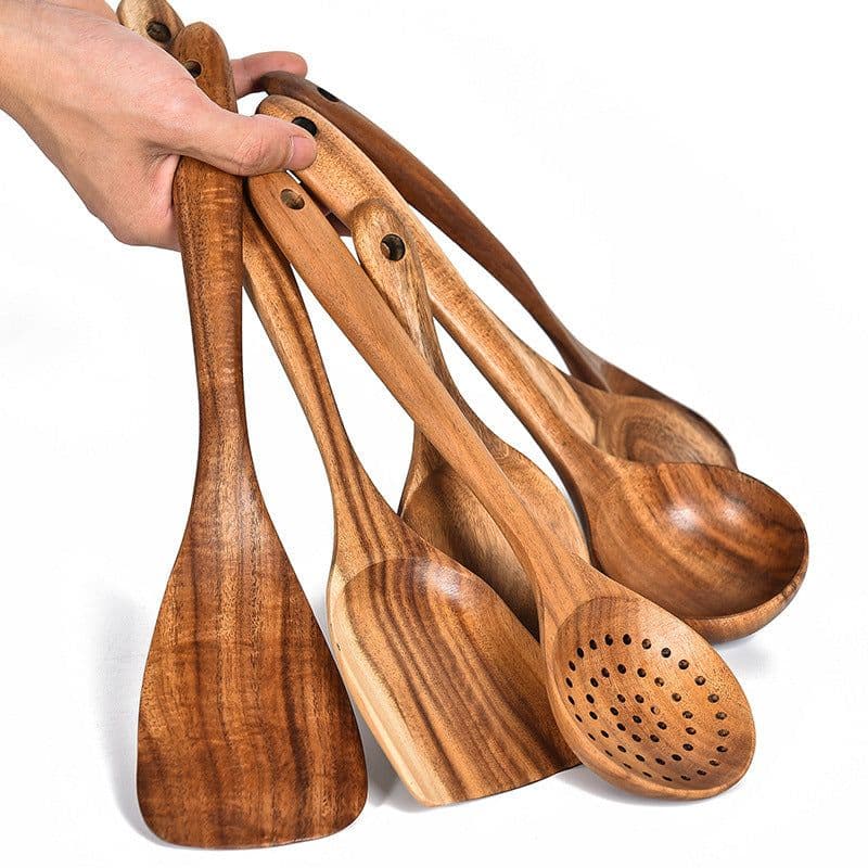 image-Teak Natural Wood Tableware Spoon Ladle Turner Rice Colander Soup Skimmer Cooking Tool Sets Spoon Scoop Kitchen Tools Gadgets