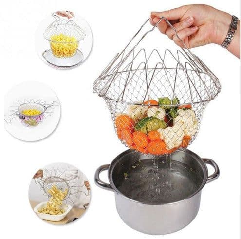 image-Stainless Steel Telescopic Folding Basket Frying Basket French Fries Degreasing Kitchen Tool
