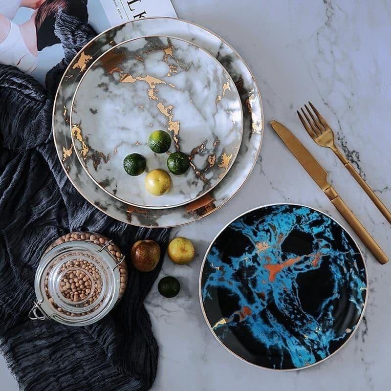 image-Light luxury golden rim marbled plate, salad dessert breakfast plate, round plate