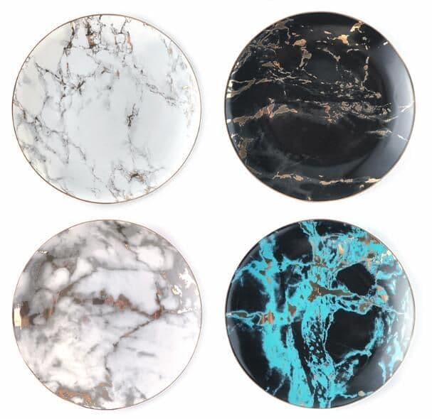 image-Light luxury golden rim marbled plate, salad dessert breakfast plate, round plate