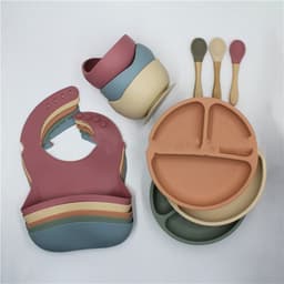 image-Bib Dinner Plate Spoon Bowl 4 Piece Set Silicone Baby Bowl Bib Plate Set