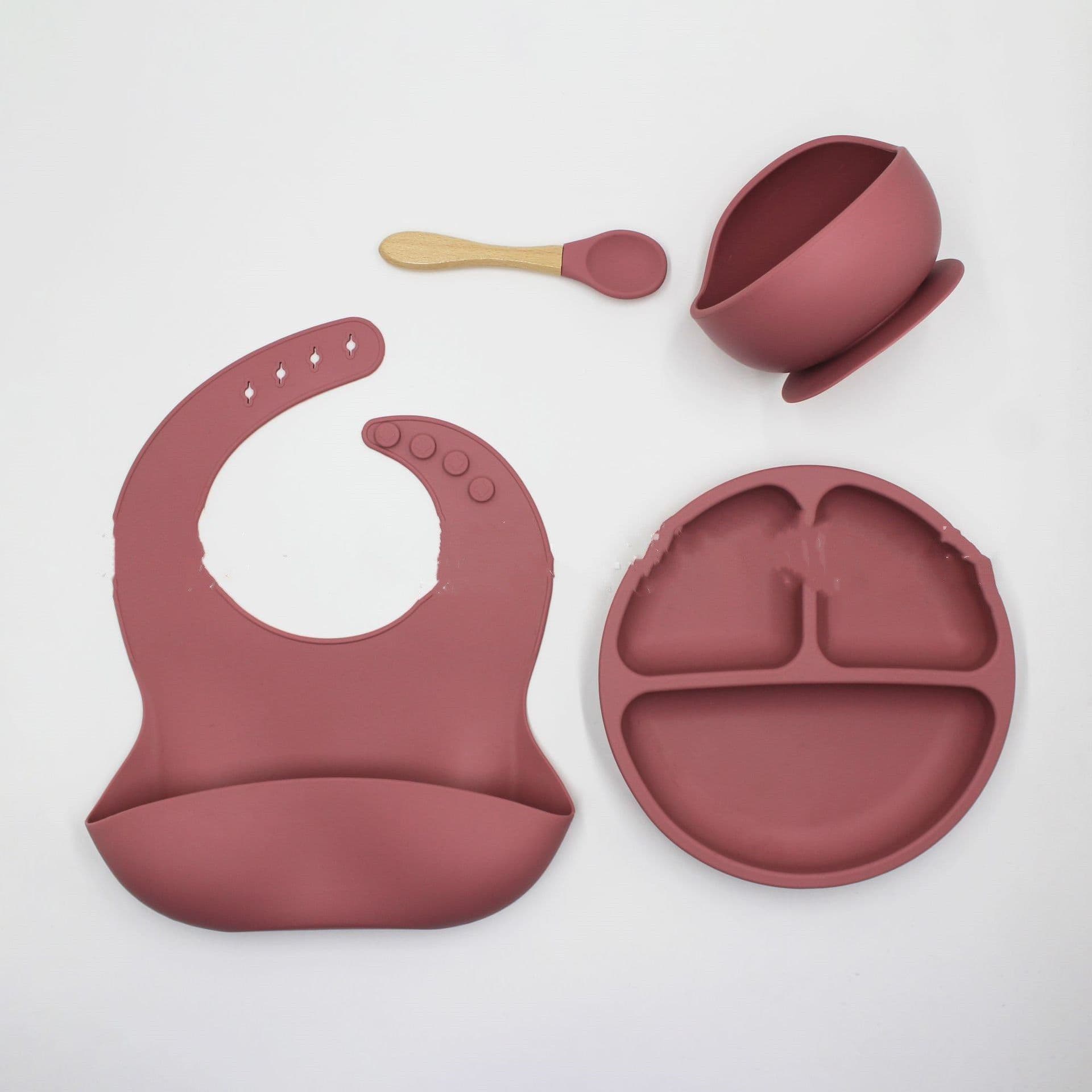 image-Bib Dinner Plate Spoon Bowl 4 Piece Set Silicone Baby Bowl Bib Plate Set