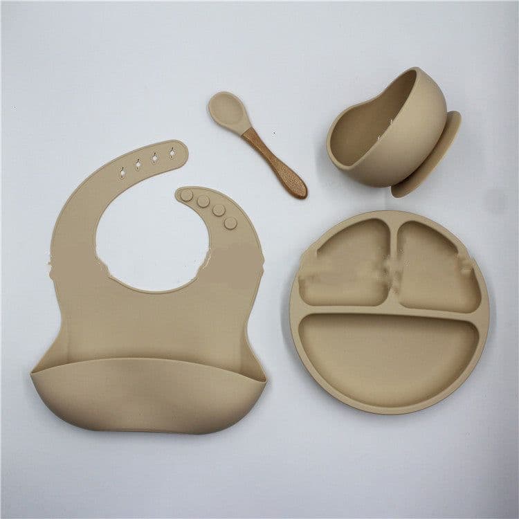 image-Bib Dinner Plate Spoon Bowl 4 Piece Set Silicone Baby Bowl Bib Plate Set