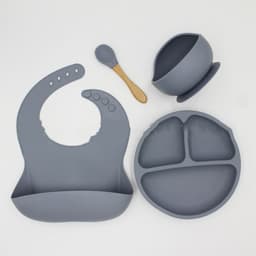 image-Bib Dinner Plate Spoon Bowl 4 Piece Set Silicone Baby Bowl Bib Plate Set