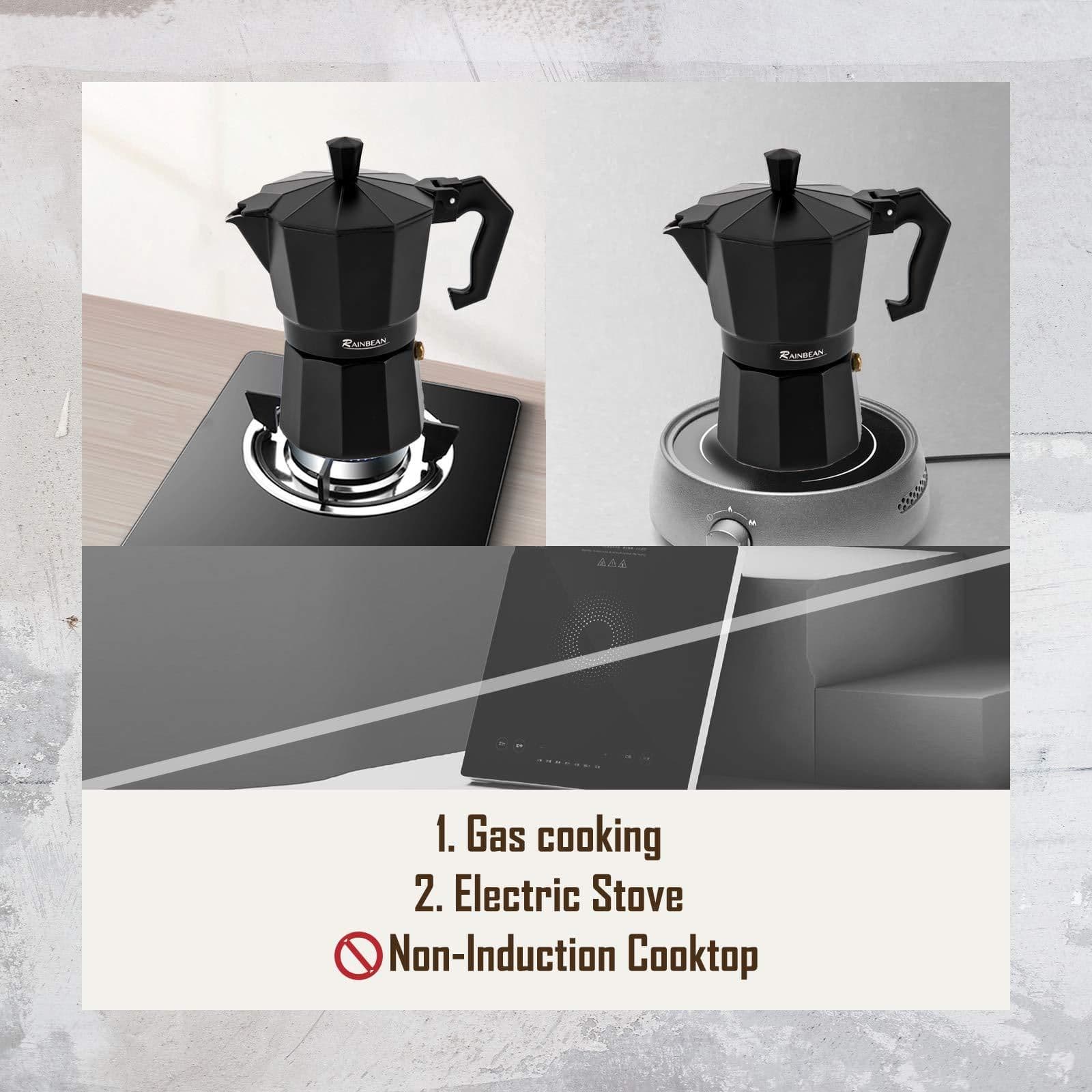image-Stovetop Espresso Maker Espresso Cup Moka Pot Classic Cafe Maker Percolator Coffee Maker Italian Espresso for Gas or Electric Aluminum Black Gift package with 2 cups Amazon Platform Banned