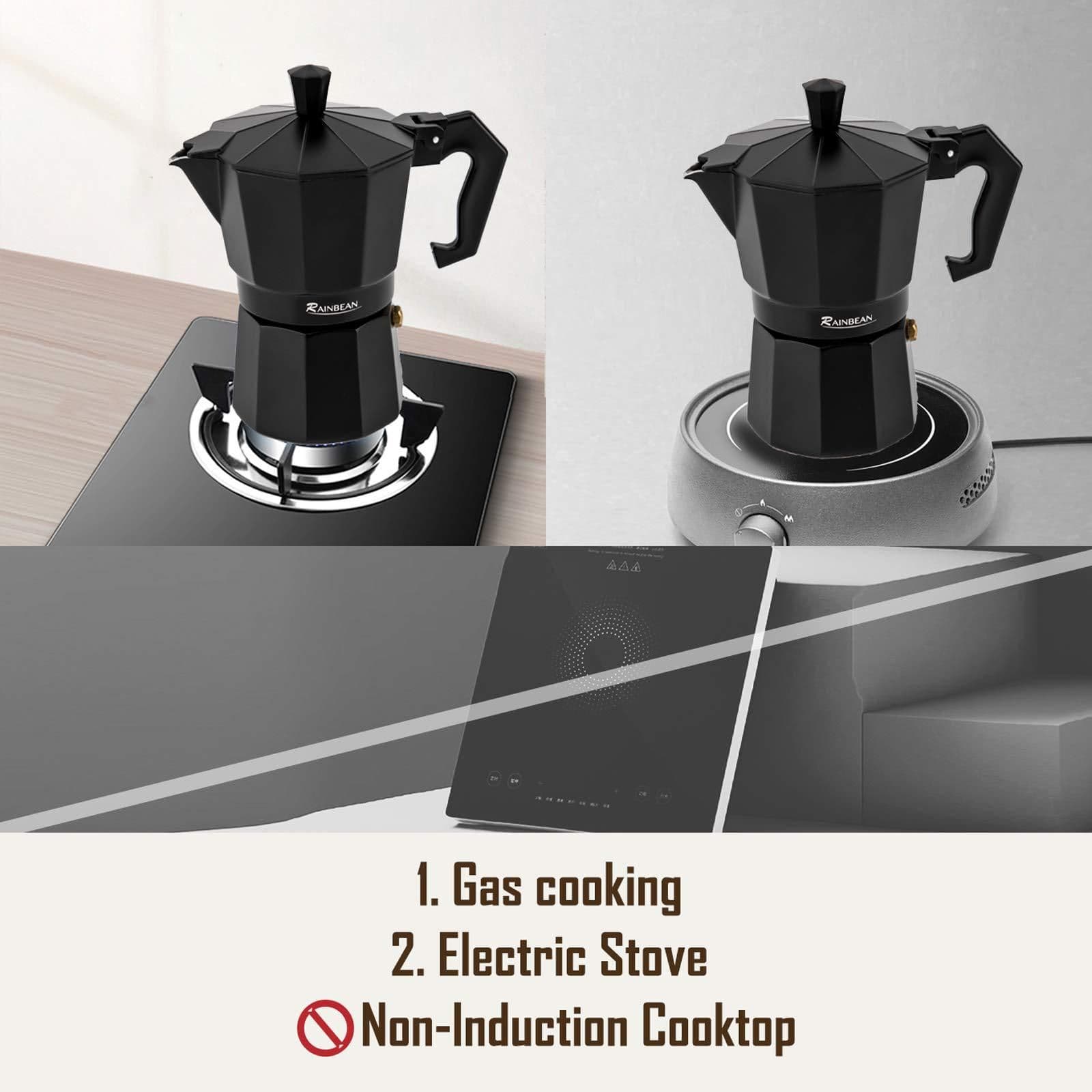 image-Stovetop Espresso Maker Espresso Cup Moka Pot Classic Cafe Maker Percolator Coffee Maker Italian Espresso for Gas or Electric Aluminum Black Gift package with 2 cups Amazon Platform Banned