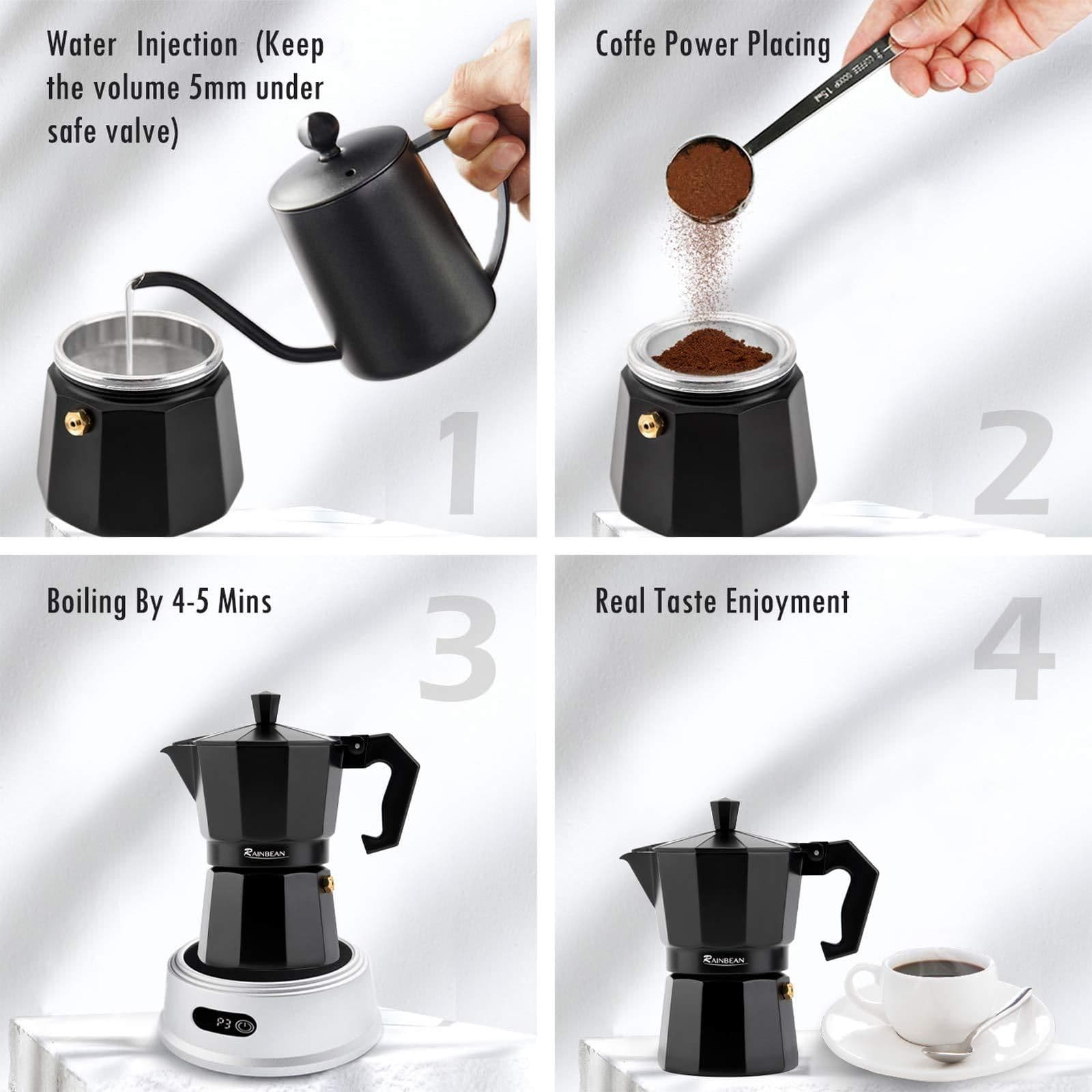 image-Stovetop Espresso Maker Espresso Cup Moka Pot Classic Cafe Maker Percolator Coffee Maker Italian Espresso for Gas or Electric Aluminum Black Gift package with 2 cups Amazon Platform Banned