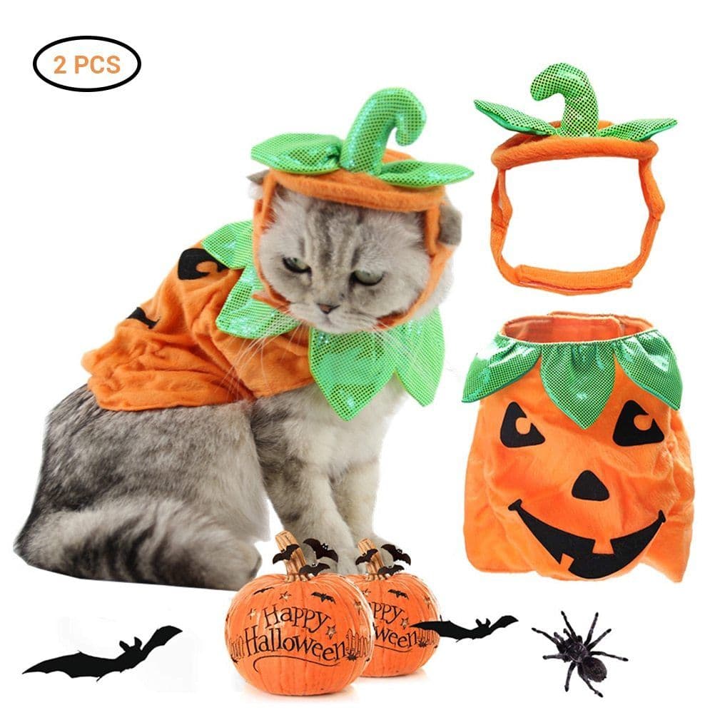 image-Halloween Pet Cats Costume Props Creative Pumpkin Shape Green Leaf Decoration Cosplay Clothing Holiday Garment Supplies