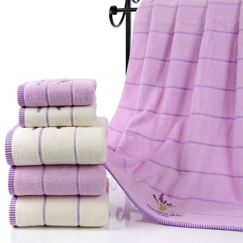 image-Lavender Soft Absorbent Embroidered Striped Bath Towel