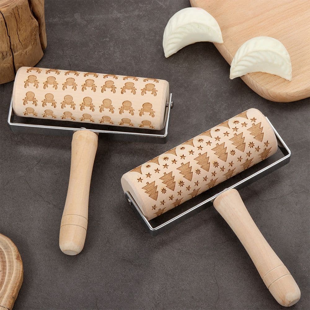 image-Push-Style Christmas Embossing Rolling Pin Printed Cookie Dough Stick Fondant Tool Baking Noodle Cake Dough Engraved Roller Q40